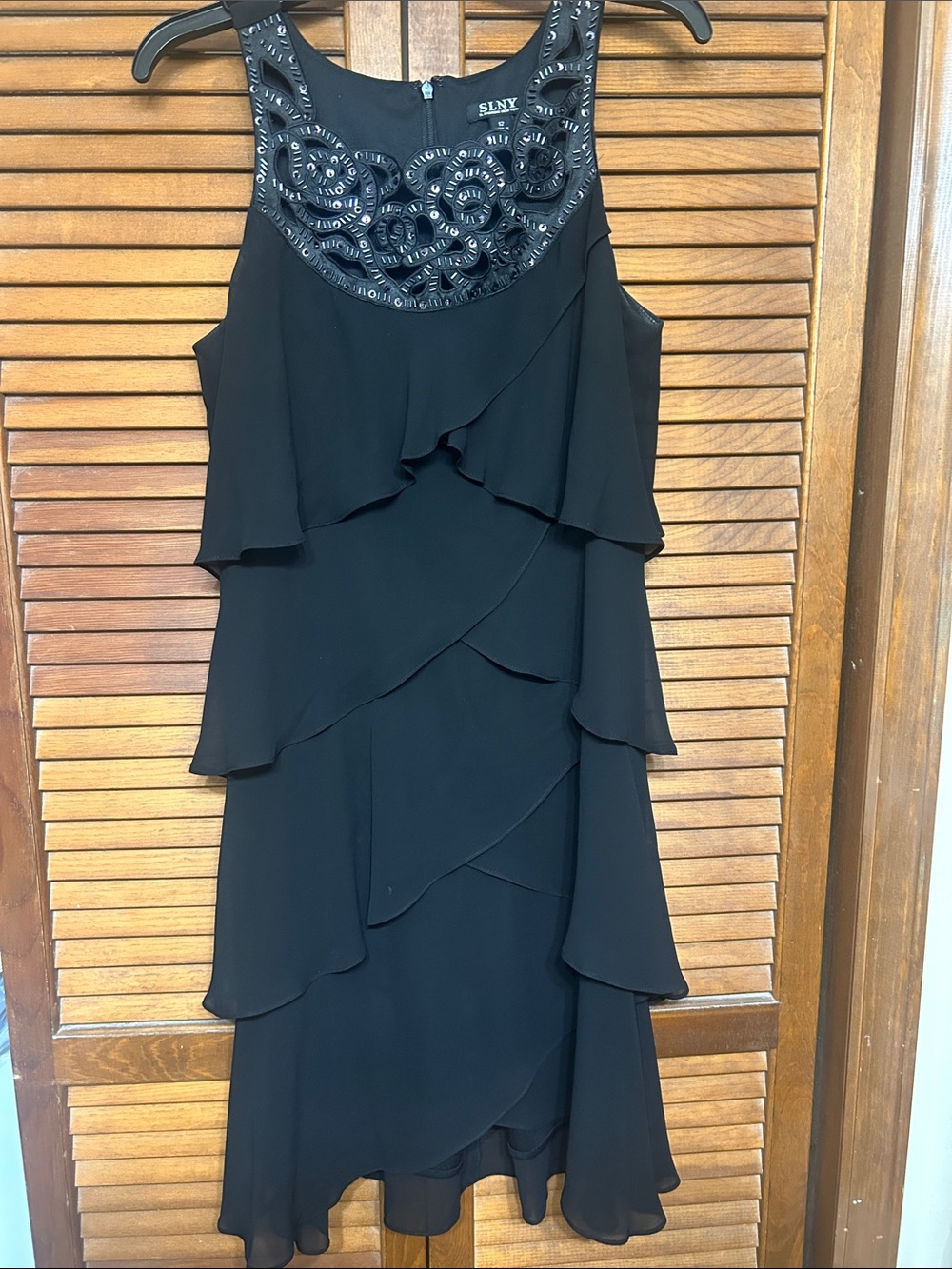 SLNY Black Tiered Ruffle Dress with Beaded Yoke